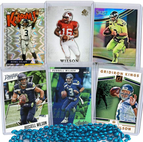 Russell Wilson Football Card Bundle, Set of 6 Assorted Seattle Seahawks and Wisconsin Badgers Mint Football Cards of Quarterback Super Bowl Champion Russell Wilson, Protected by Sleeve and Toploader