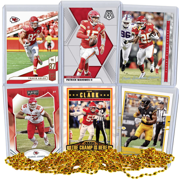 Kansas City Chiefs Super Bowl LVII Football Card Bundle, Set of 6 Assorted Patrick Mahomes Travis Kelce Juju Smith Schuster Edwards Helaire Clark Jones Football Cards Protected by Sleeve and Toploader