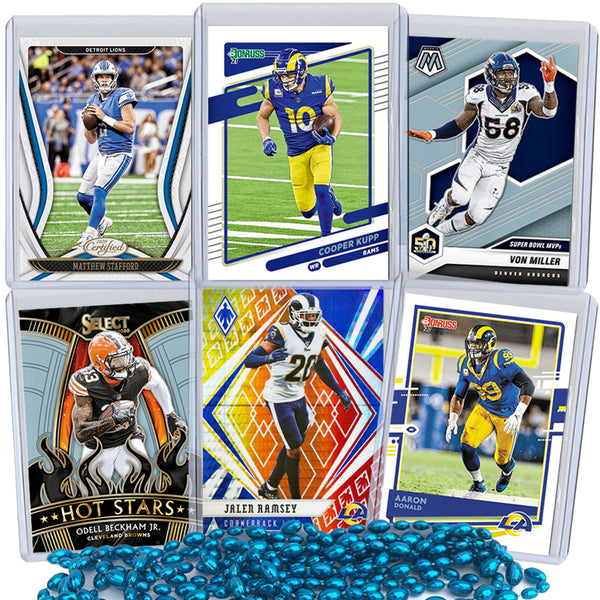 Los Angeles Rams Super Bowl Football Card Bundle, Set of 6 Assorted Matthew Stafford Cooper Kupp Odell Beckham Jr Aaron Donald Jalen Ramsey Von Miller Football Cards Protected by Sleeve and Toploader