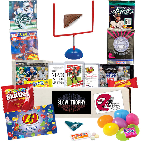 Football Cards Easter Basket Care Package 20pc Football Fan Gift Set, Includes 6 Football Card Packs, Tabletop Football Game, Sticker, Tom Brady Set, Easter Candy, Prefilled Easter Eggs and MORE