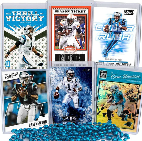 Cam Newton Football Card Bundle, Set of 6 Assorted New England Patriots Auburn Tigers Mint Football Cards Gift Set of MVP Quarterback Cam Newton, Protected by Sleeve and Toploader