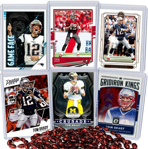 Tom Brady Football Card Bundle, Set of 6 Assorted Mint Football Cards, Sleeved and Toploaded
